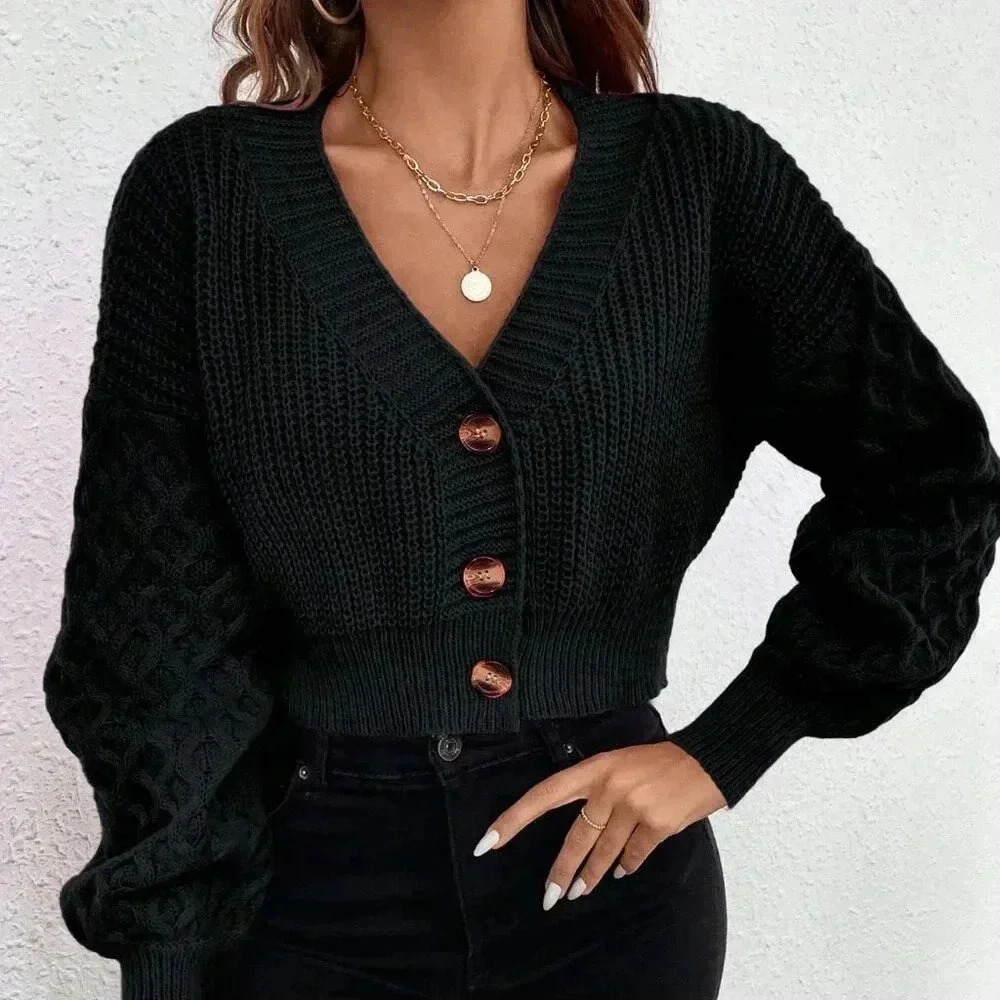 Black Casual Women's Drop Shoulder Button Front Cardigan - Picture 6 of 6